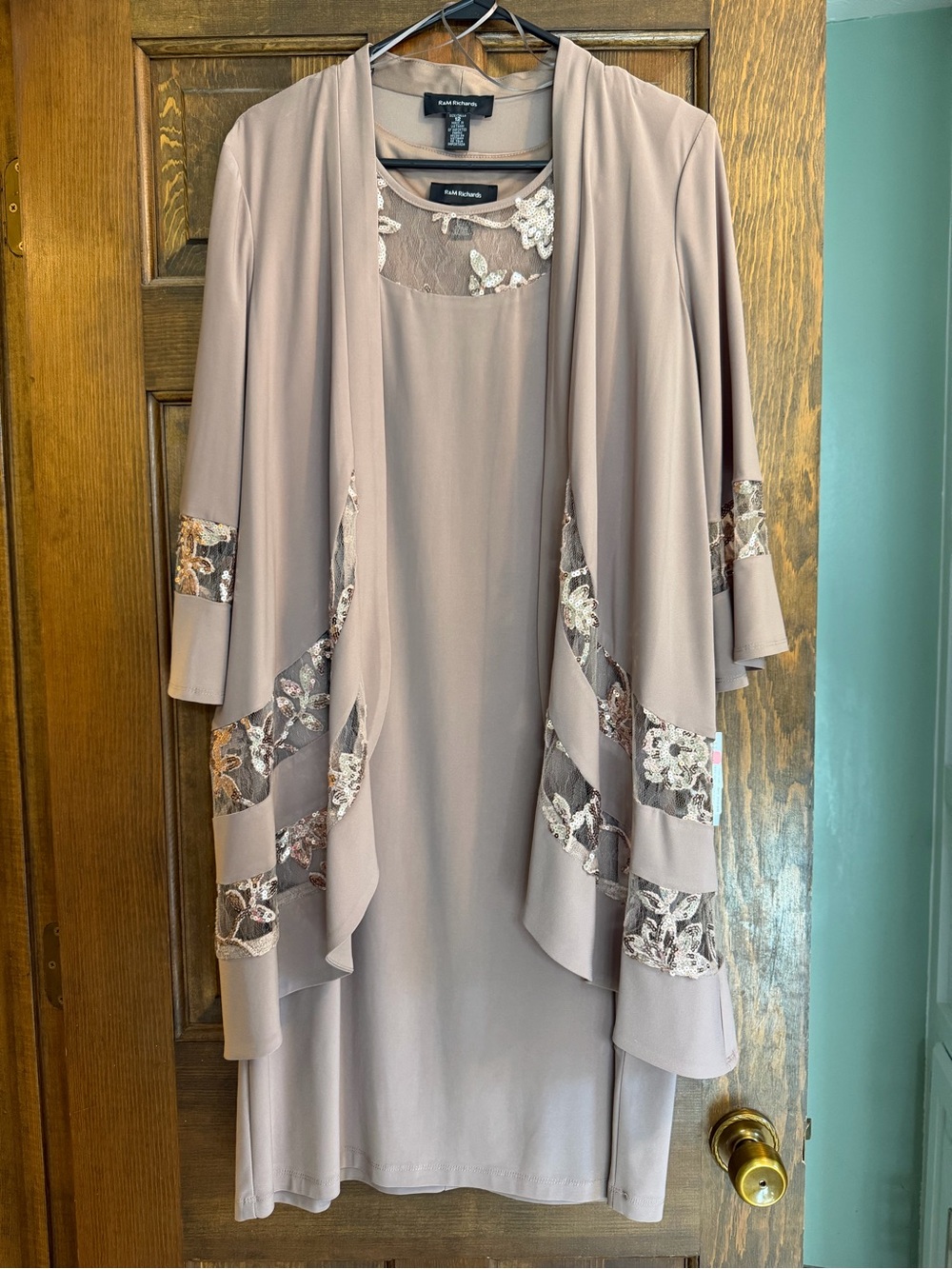 R&M Richards Taupe-Beige Evening Dress with Sequin Lace Yoke